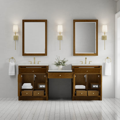 Renovate for Less Atlanta Bellshire 84" Dual Vanity Set with 24" Make-Up Counter, Honey Oak w/3 cm Lime Delight Silestone Top