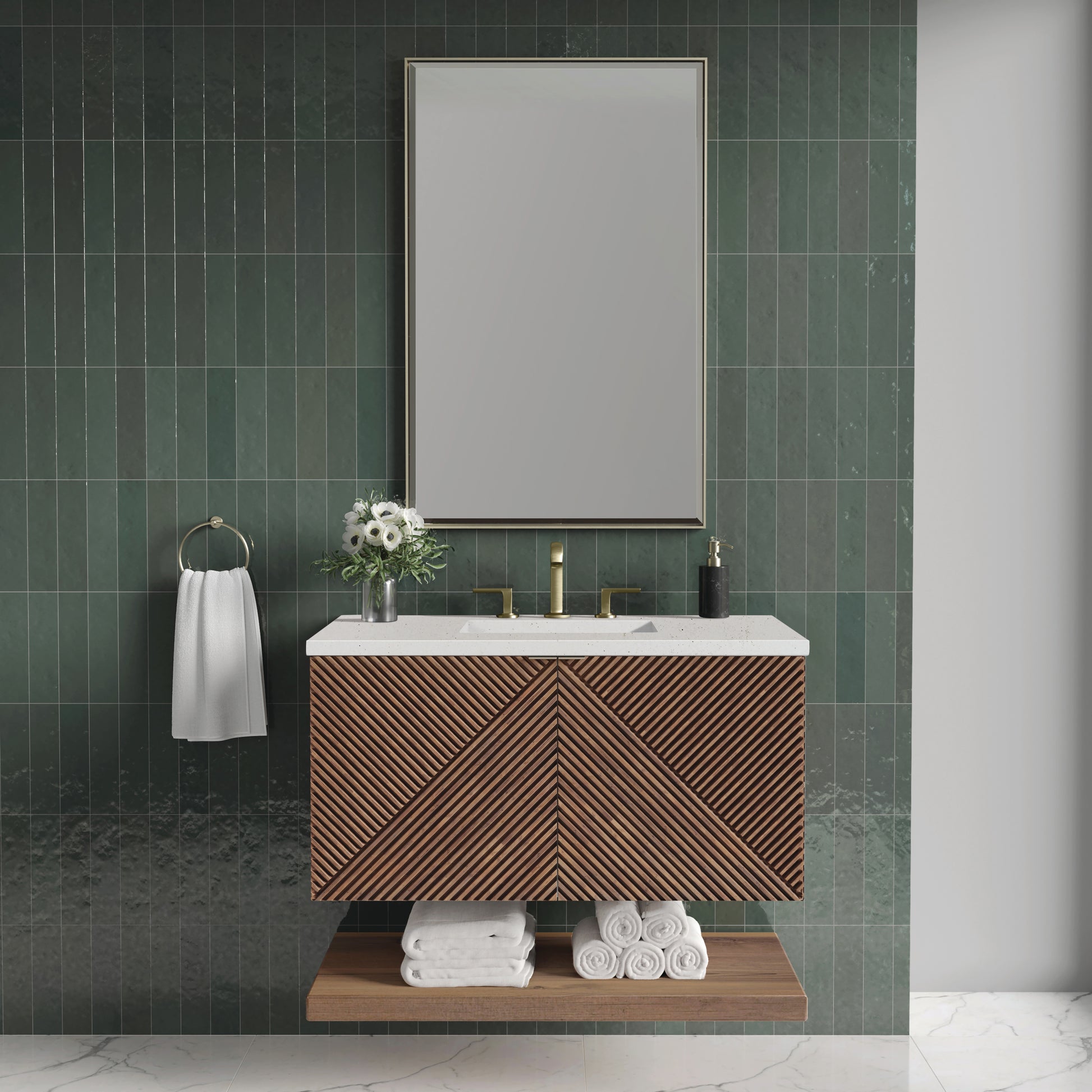 Renovate for Less Atlanta Marcello 36" Single Vanity, Chestnut w/ 3 CM Lime Delight Top