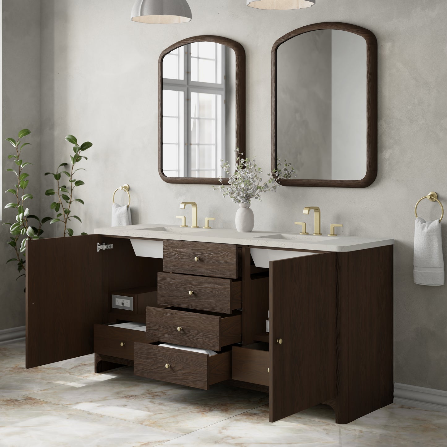 Renovate for Less Atlanta Gracyn 72" Double Vanity, Sable, w/ 3 CM Siberian Silestone Widespread Top