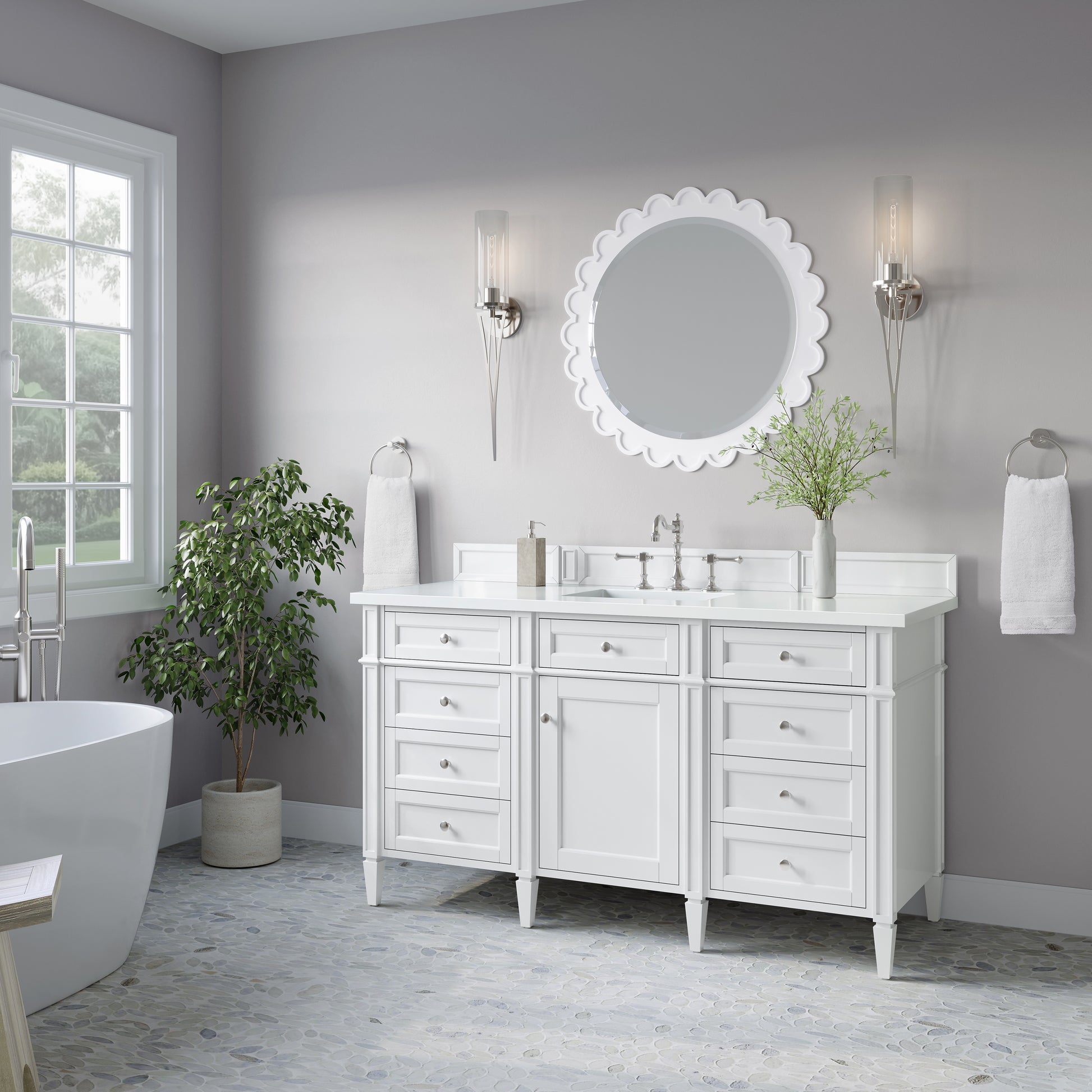 Renovate for Less Atlanta Brittany 60" Single Vanity, Bright White w/ 3 CM White Zeus Silestone Top