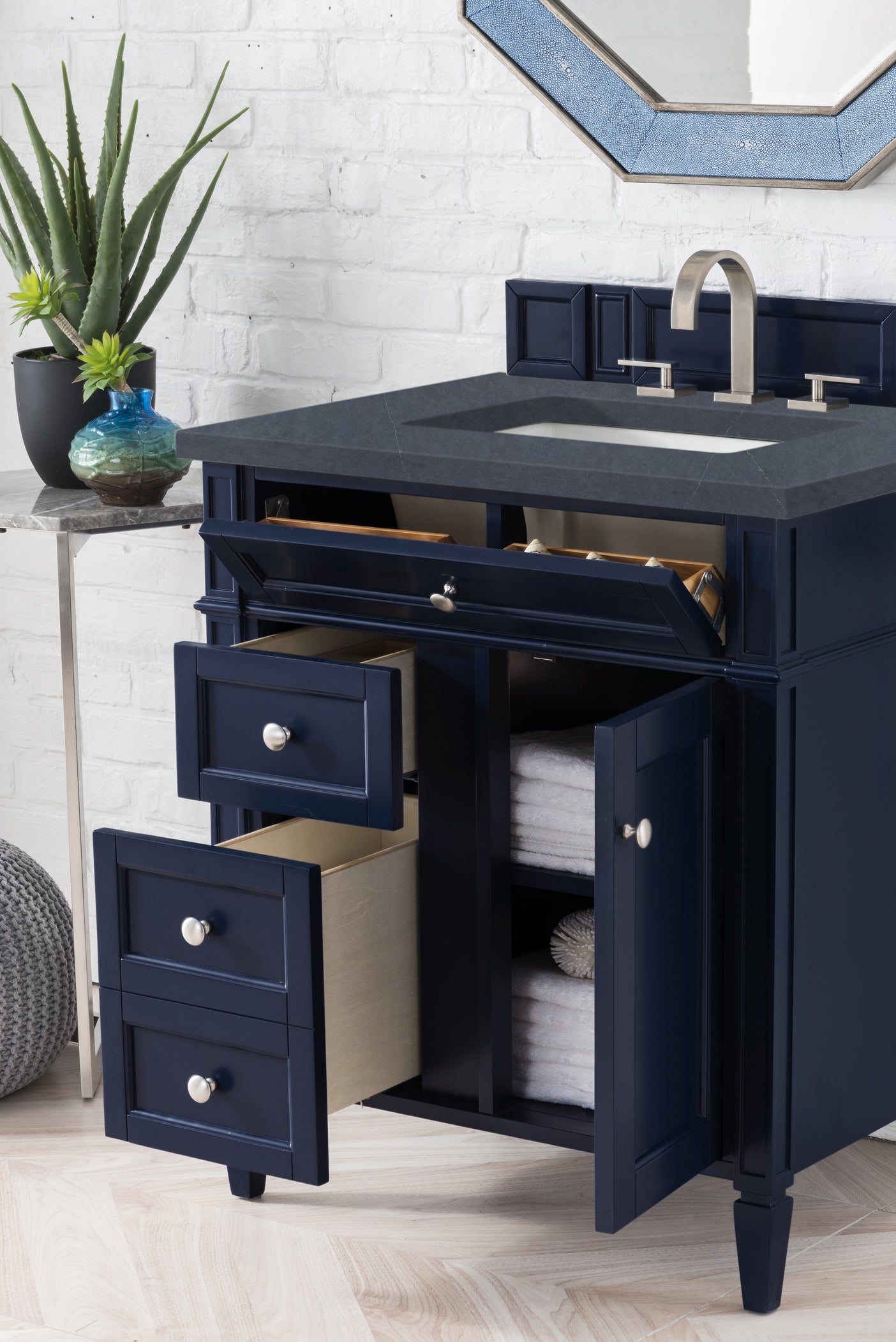 Renovate for Less Atlanta Brittany 30" Single Vanity, Victory Blue w/ 3 CM Charcoal Soapstone Silestone Top