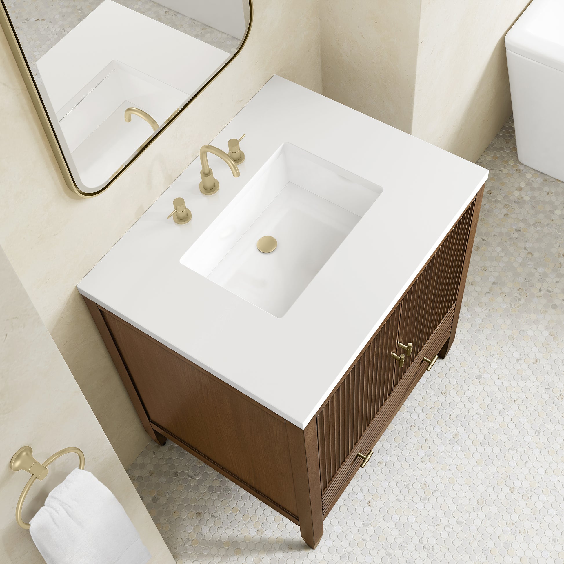 Renovate for Less Atlanta Myrrin 30" Single Vanity, Mid-Century Walnut w/ 3 CM White Zeus Silestone Top