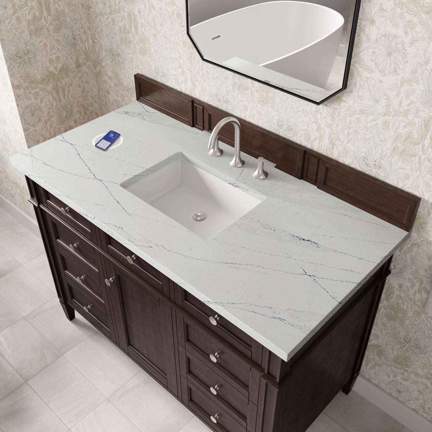 Renovate for Less Atlanta Brittany 48" Single Vanity, Burnished Mahogany w/ 3 CM Ethereal Noctis Silestone Top w/FreePower Wireless Charger