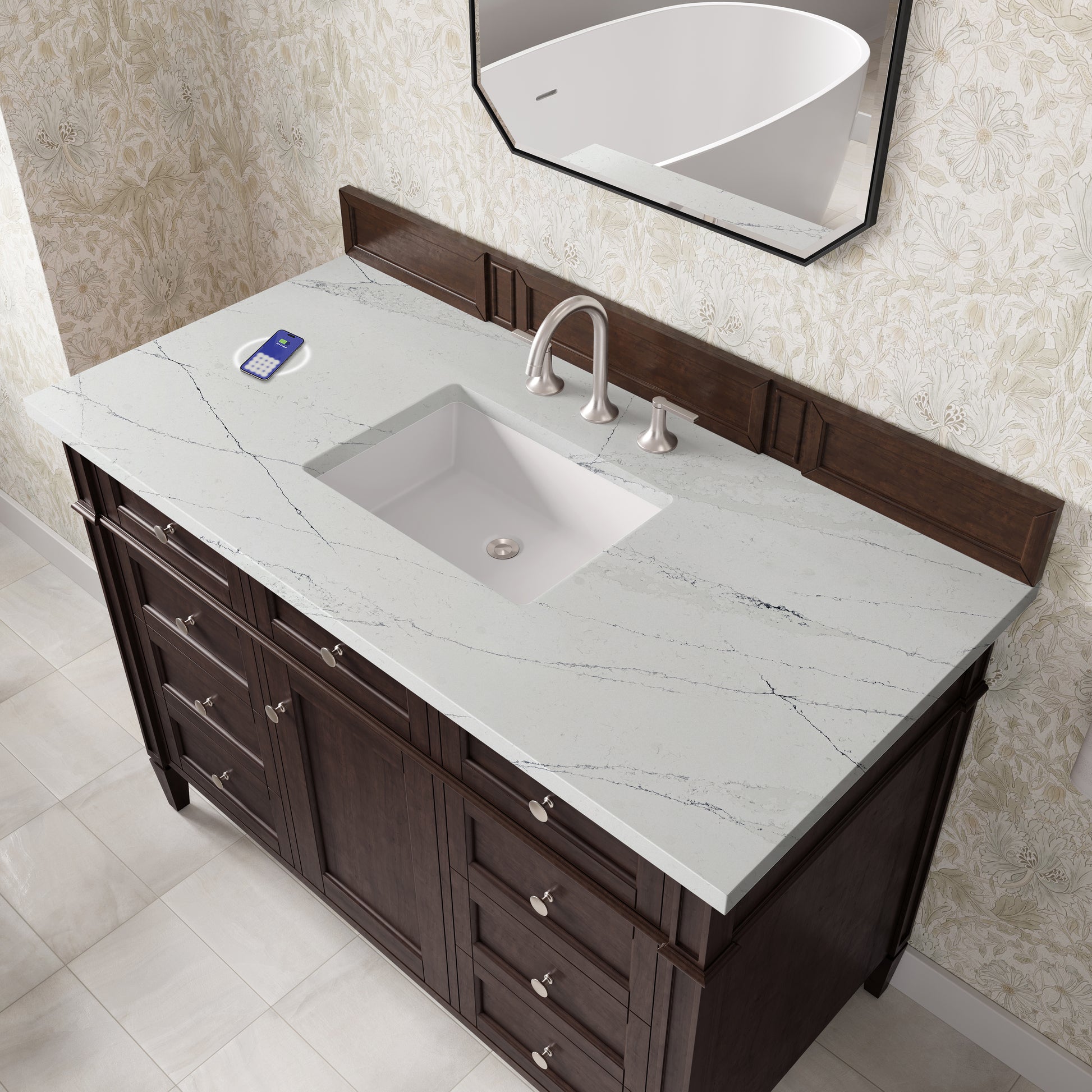 Renovate for Less Atlanta Brittany 48" Single Vanity, Burnished Mahogany w/ 3 CM Ethereal Noctis Silestone Top w/FreePower Wireless Charger