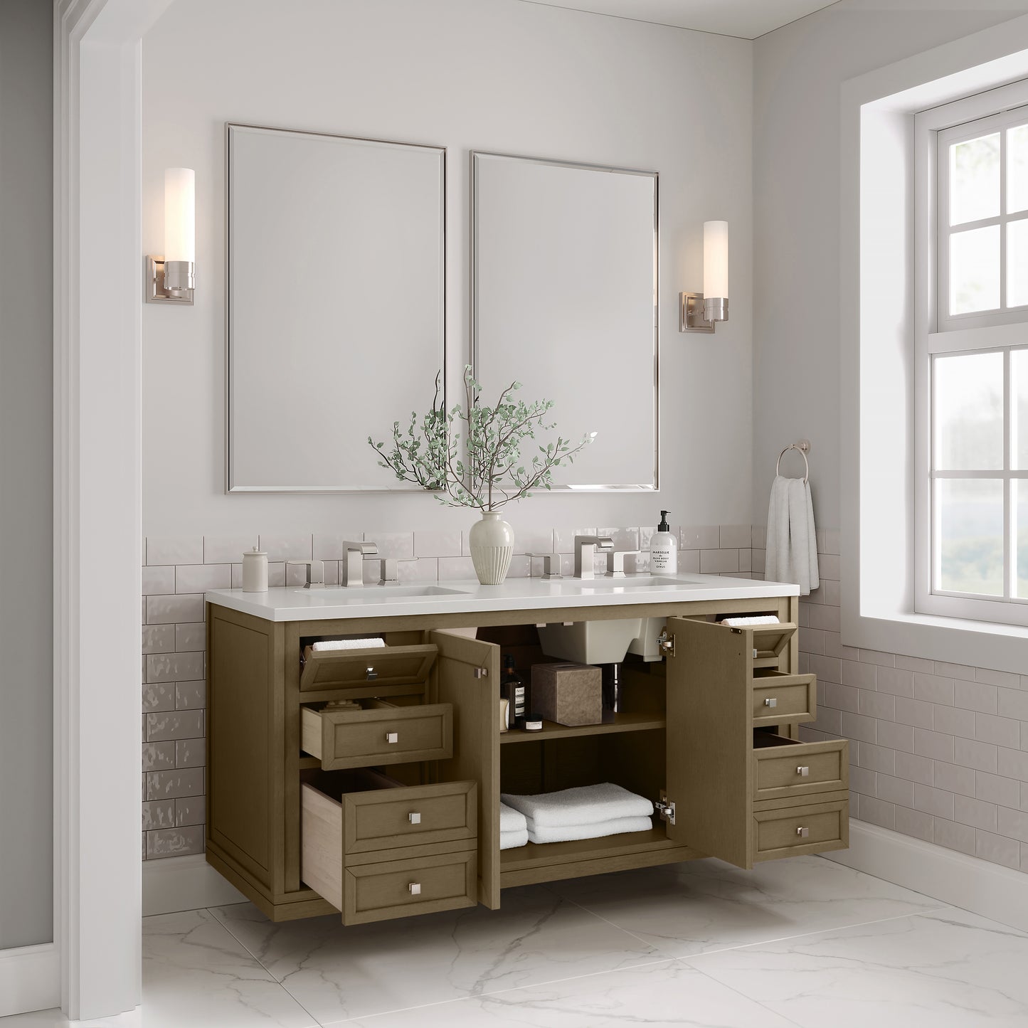 Renovate for Less Atlanta Chicago 60" Double Vanity, Walnut Whisper, w/ 3 CM White Zeus Silestone® Top