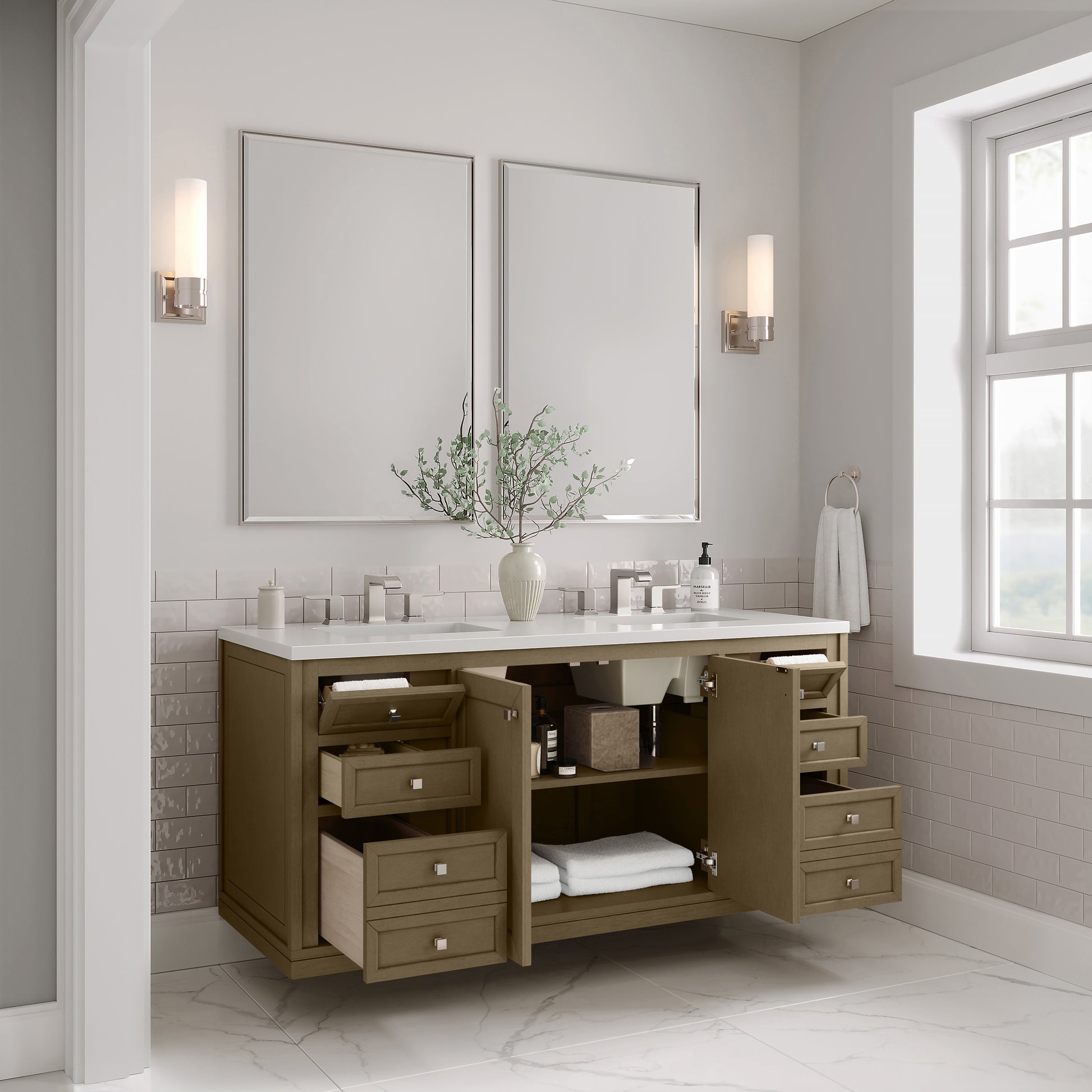 Renovate for Less Atlanta Chicago 60" Double Vanity, Walnut Whisper, w/ 3 CM White Zeus Silestone® Top
