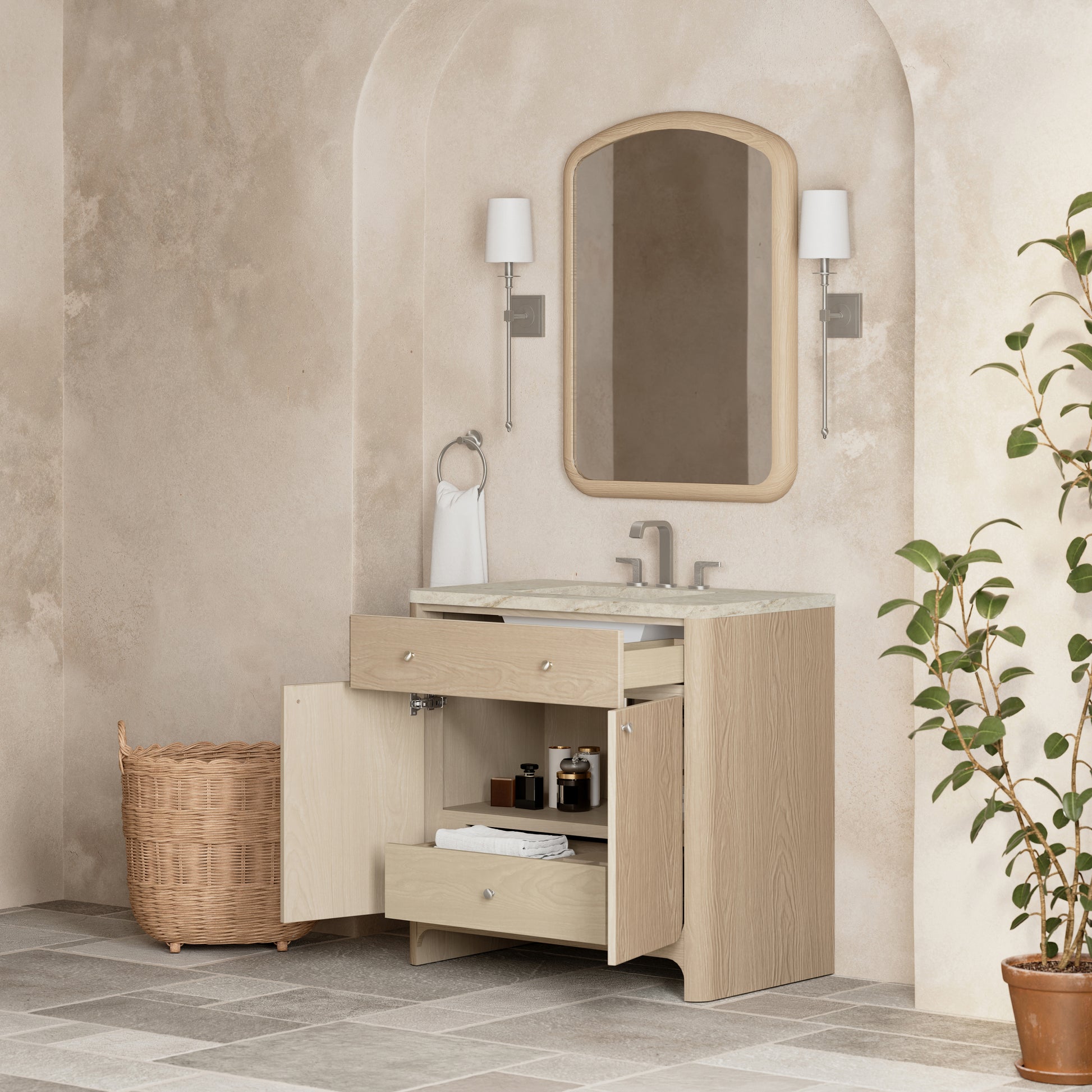 Renovate for Less Atlanta Gracyn 36" Single Vanity, Coastal Driftwood, w/ 3 CM Tajnar Eclos Widespread Top