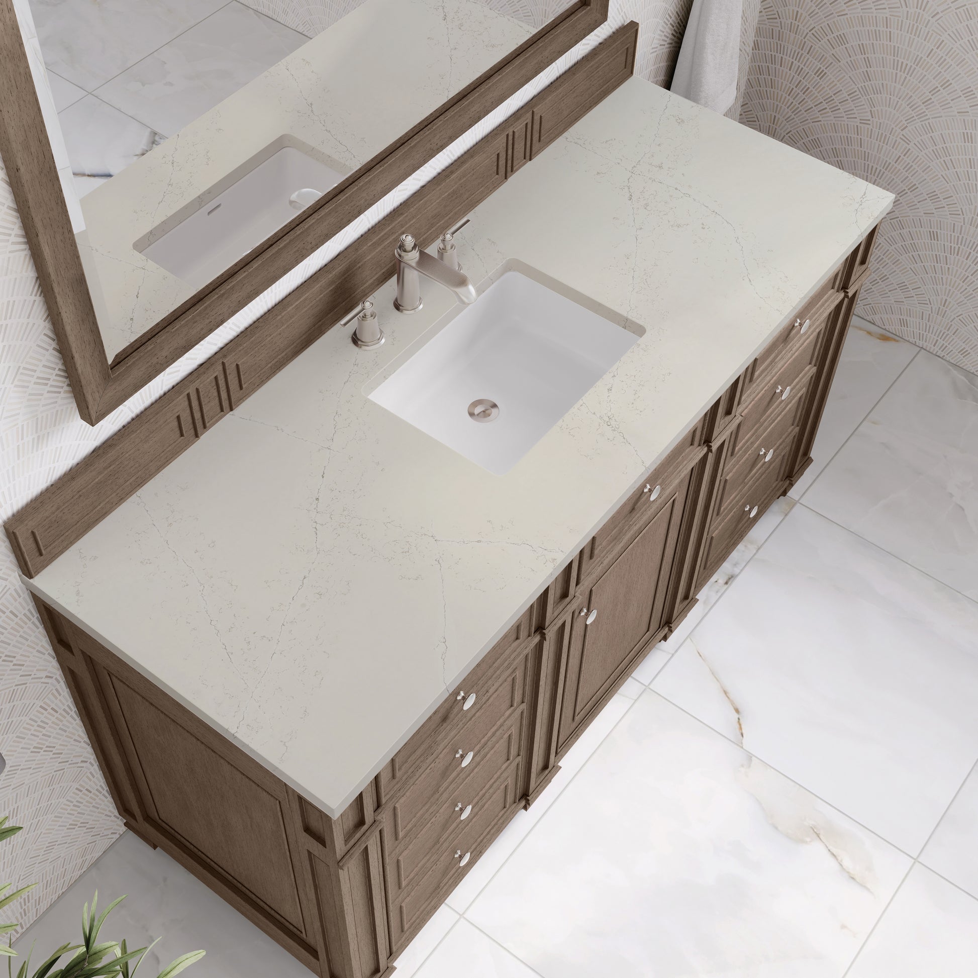 Renovate for Less Atlanta Bristol 60" Single Vanity Whitewashed Walnut, w/ 3 CM Siberian Silestone Top