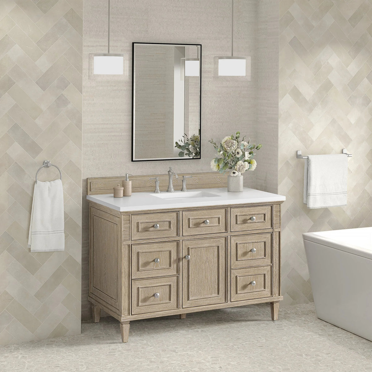 Lorelai 48" Single Vanity, Whitewashed Oak w/ 3 CM White Zeus Silestone Top