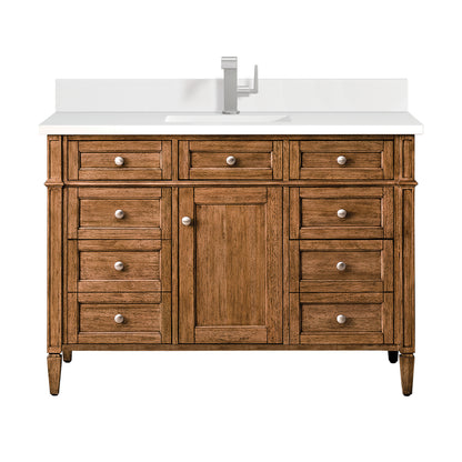 Renovate for Less Atlanta Brittany 48" Single Vanity, Saddle Brown w/ Single Hole 3 CM White Zeus Silestone Top & Backsplash
