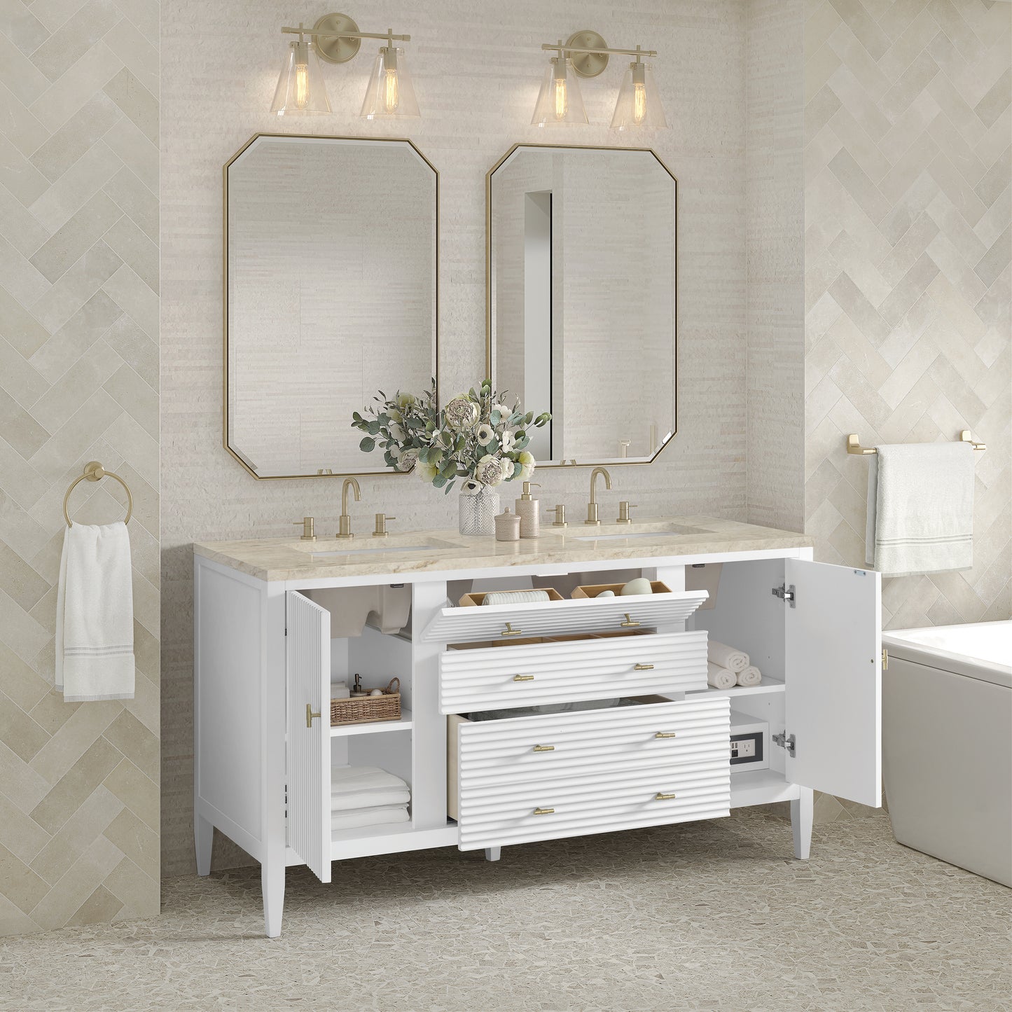 Renovate for Less Atlanta Myrrin 60" Double Vanity, Bright White, w/ 3 CM Tajnar Eclos Top w/FreePower Wireless Charger