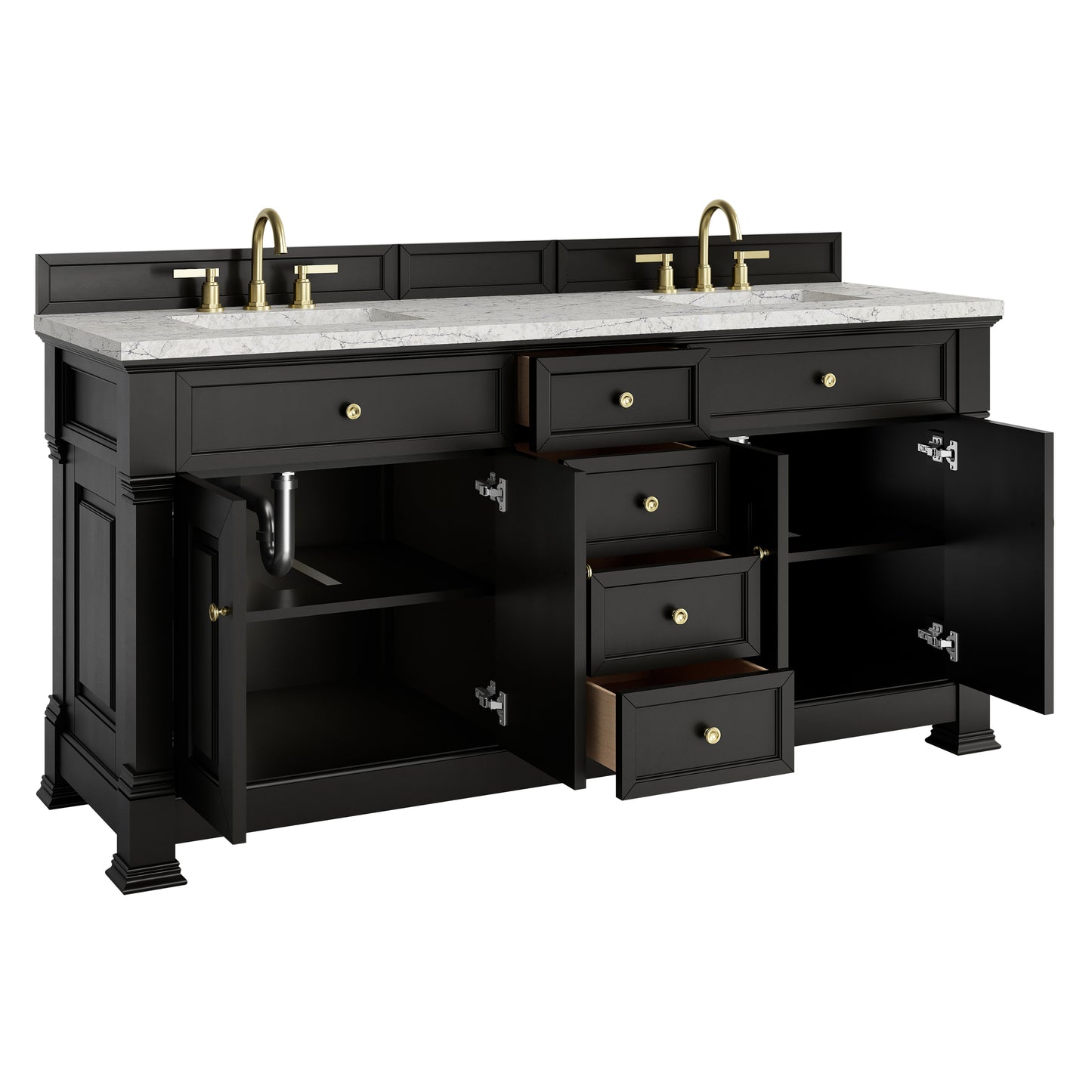 Renovate for Less Atlanta Brookfield 72" Double Vanity, Black Onyx w/ 3 CM Eternal Jasmine Pearl Silestone Top w/ FreePower Wireless Charger