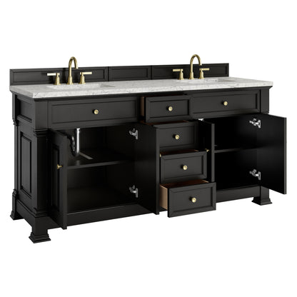 Renovate for Less Atlanta Brookfield 72" Double Vanity, Black Onyx w/ 3 CM Eternal Jasmine Pearl Silestone Top w/ FreePower Wireless Charger