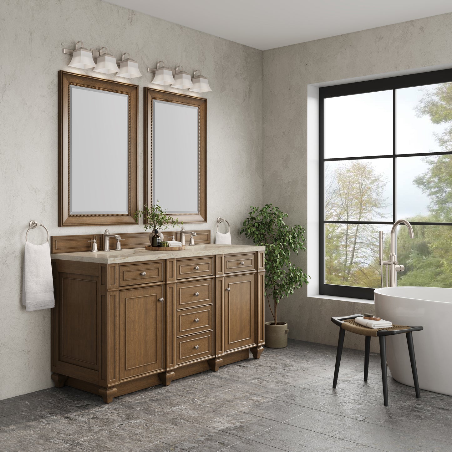 Renovate for Less Atlanta Bristol 60" Double Vanity, Saddle Brown, w/ 3 CM Tajnar Eclos Top
