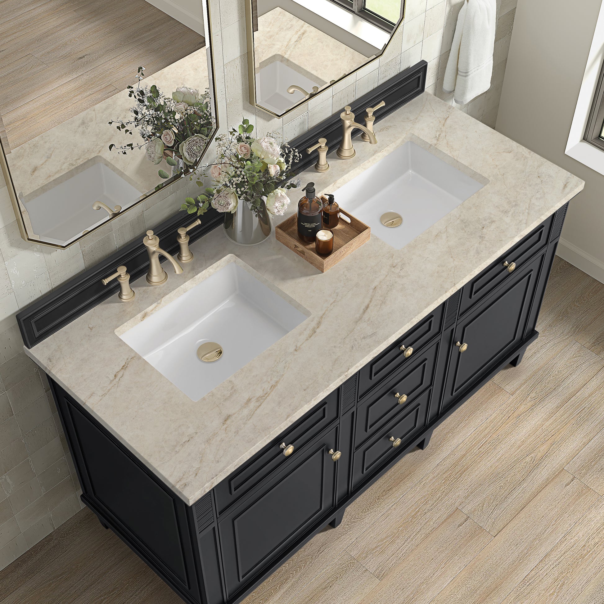 Renovate for Less Atlanta Lorelai 60" Double Vanity, Black Onyx, w/ 3 CM Tajnar Eclos Top