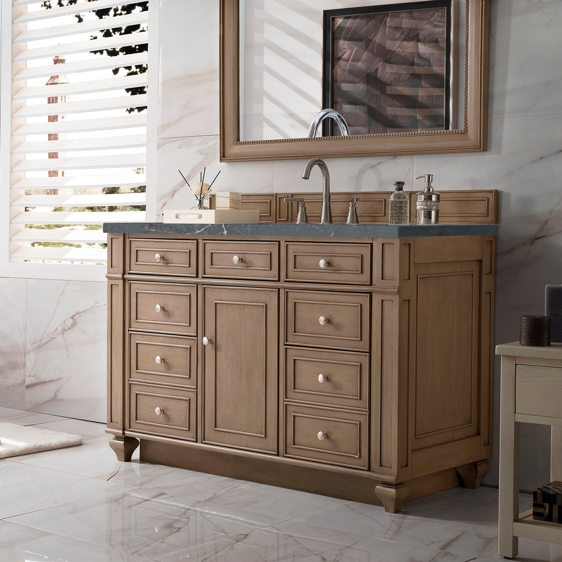 Renovate for Less Atlanta Bristol 48" Single Vanity, Whitewashed Walnut w/ 3 CM Parisien Bleu Silestone Top w/ FreePower Wireless Charger