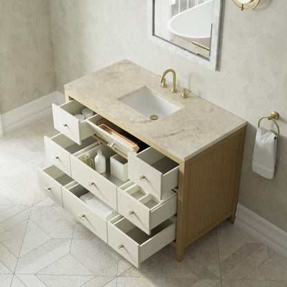 Renovate for Less Atlanta Celeste 48" Single Vanity, Sunwashed Oak with Embossed Shagreen, w/ 3 CM Tajnar Eclos Top w/FreePower Wireless Charger