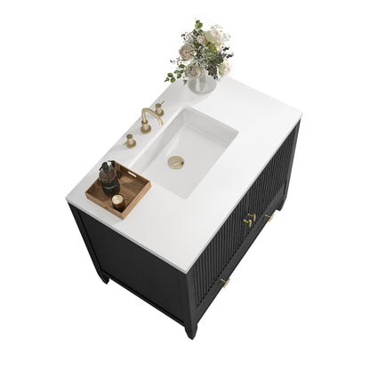 Renovate for Less Atlanta Myrrin 36" Vanity, Carbon Oak w/ 3 CM White Zeus Silestone Top