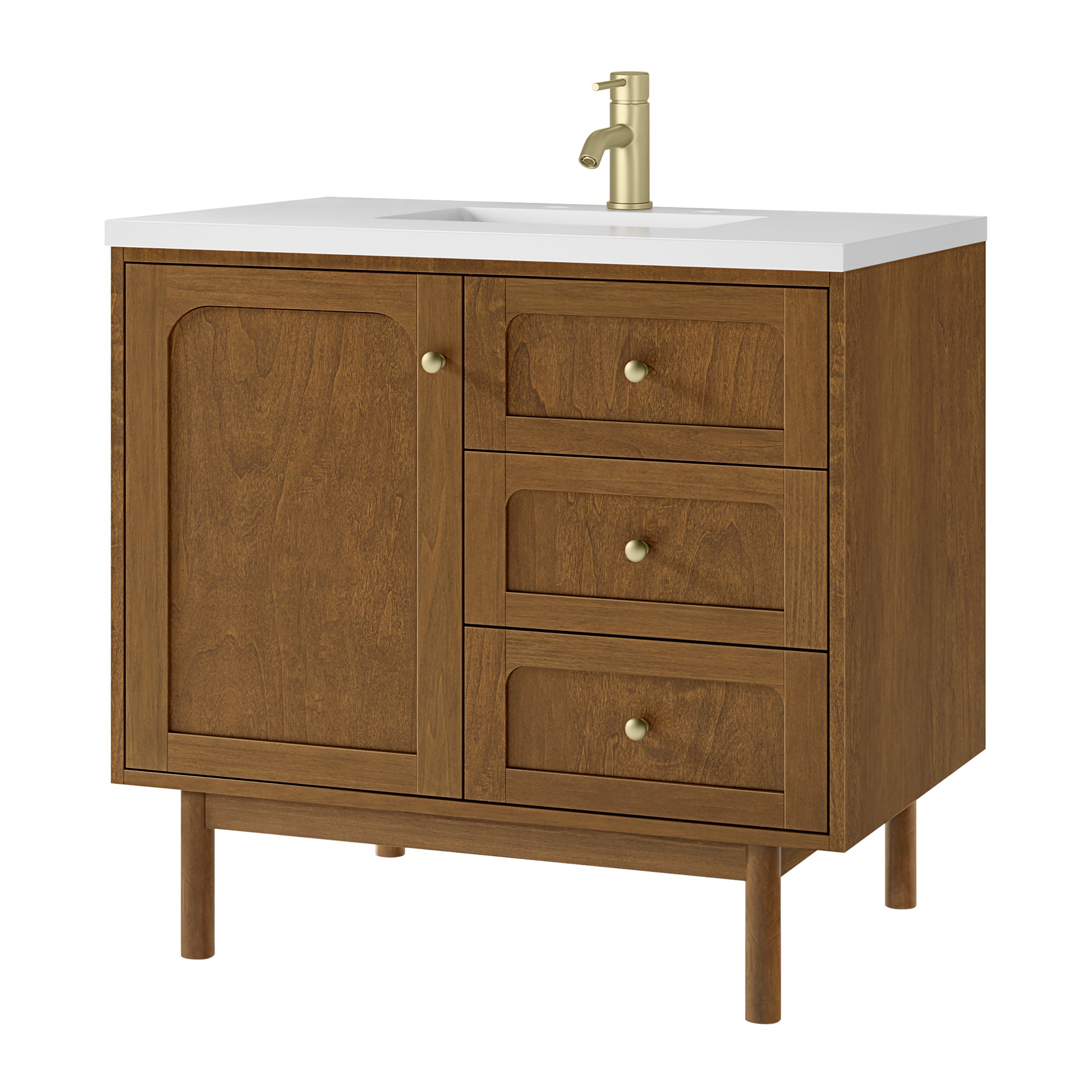 Renovate for Less Atlanta Laurent 36" Single Vanity, Honey Oak w/ Single Hole 3 CM White Zeus Silestone Top and Matching Backsplash