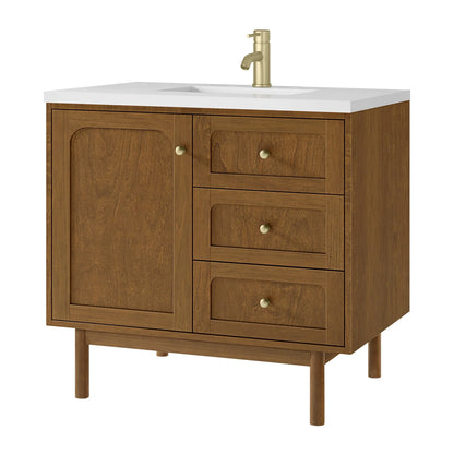 Laurent 36" Single Vanity, Honey Oak w/ Single Hole 3 CM White Zeus Silestone Top and Matching Backsplash