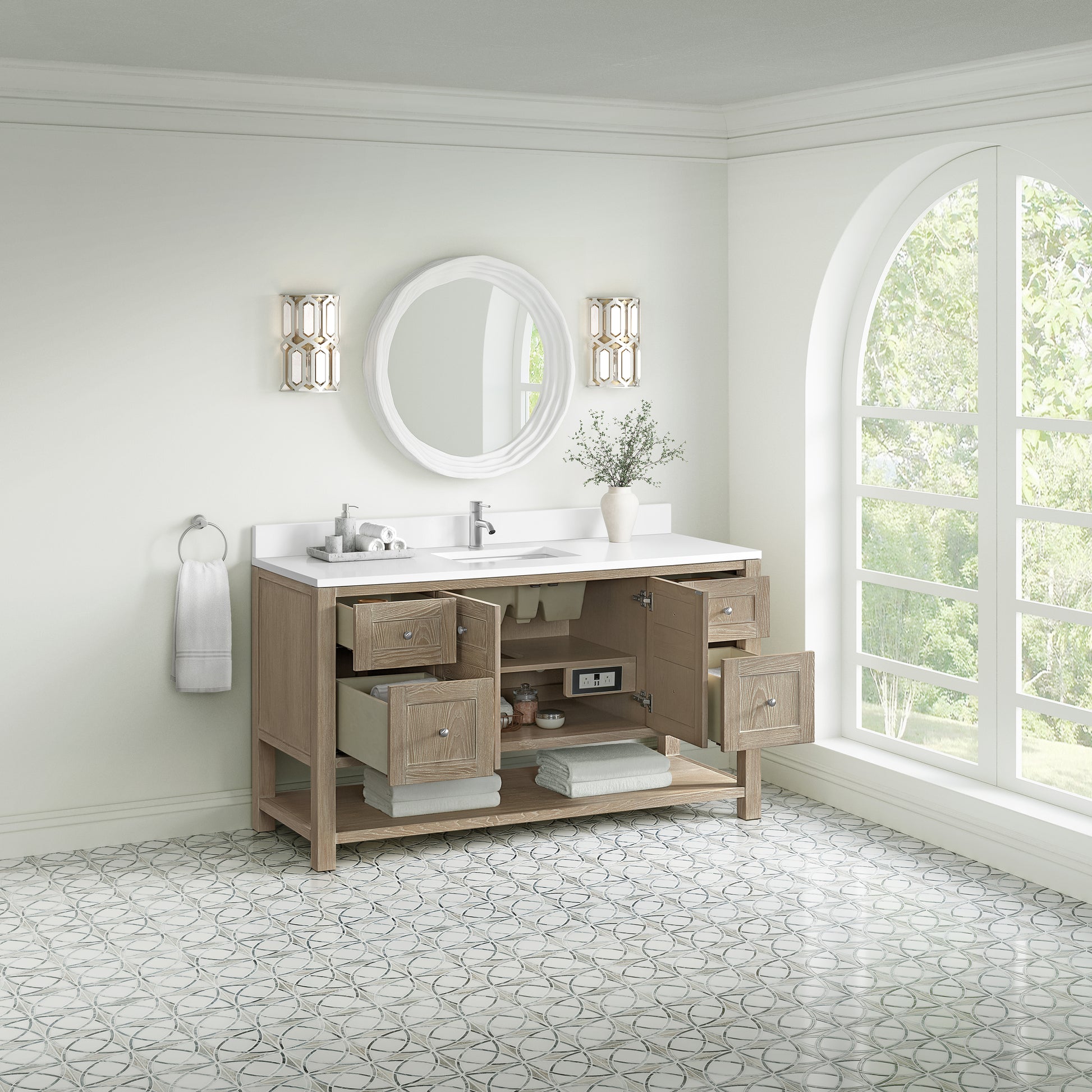 Renovate for Less Atlanta Breckenridge 60" Single Vanity, Whitewashed Oak, w/ Single Hole 3 CM White Zeus Quartz Top & Backsplash