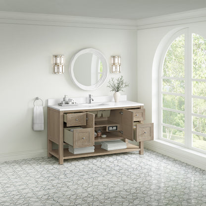 Renovate for Less Atlanta Breckenridge 60" Single Vanity, Whitewashed Oak, w/ Single Hole 3 CM White Zeus Quartz Top & Backsplash