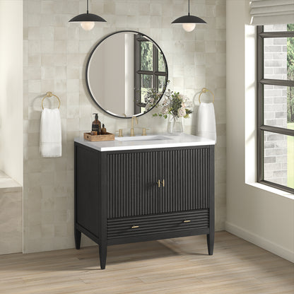 Renovate for Less Atlanta Myrrin 36" Vanity, Carbon Oak w/ 3 CM White Zeus Silestone Top