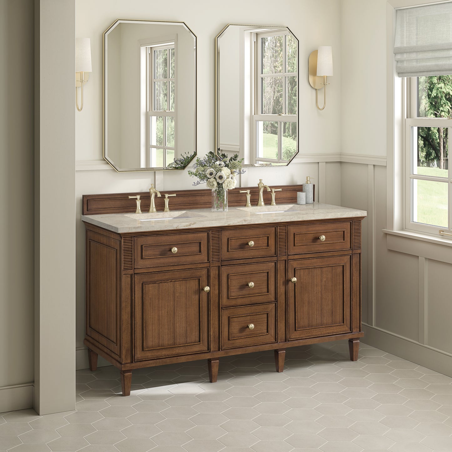 Renovate for Less Atlanta Lorelai 60" Double Vanity, Mid-Century Walnut, w/ 3 CM Tajnar Eclos Top