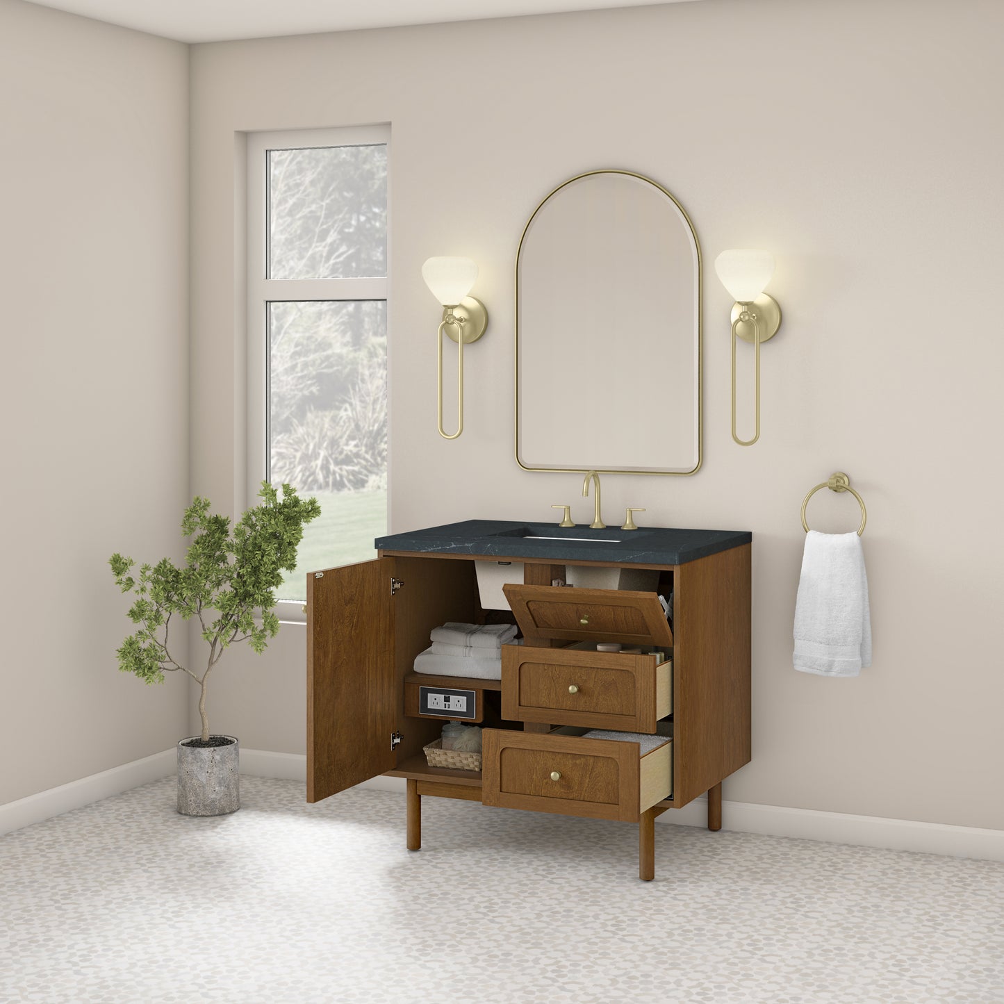 Renovate for Less Atlanta Laurent 36" Single Vanity, Honey Oak w/ 3 CM Charcoal Soapstone Silestone Top