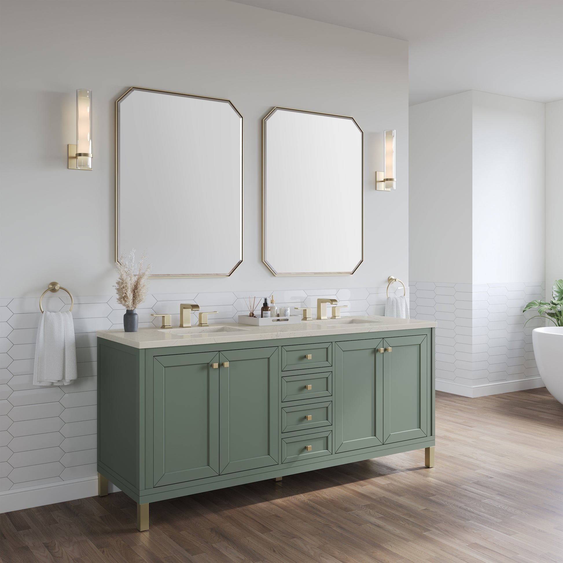 Renovate for Less Atlanta Chicago 72" Double Vanity, Smokey Celadon, w/ 3 CM Siberian Silestone Top w/FreePower Wireless Charger