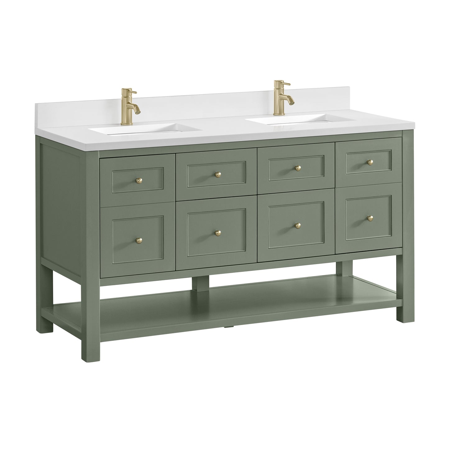 Renovate for Less Atlanta Breckenridge 60" Double Vanity, Smokey Celadon, w/ Single Hole 3 CM White Zeus Quartz Top & Backsplash