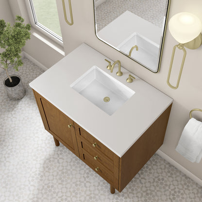 Renovate for Less Atlanta Laurent 36" Single Vanity, Honey Oak w/ 3 CM White Zeus Silestone Top