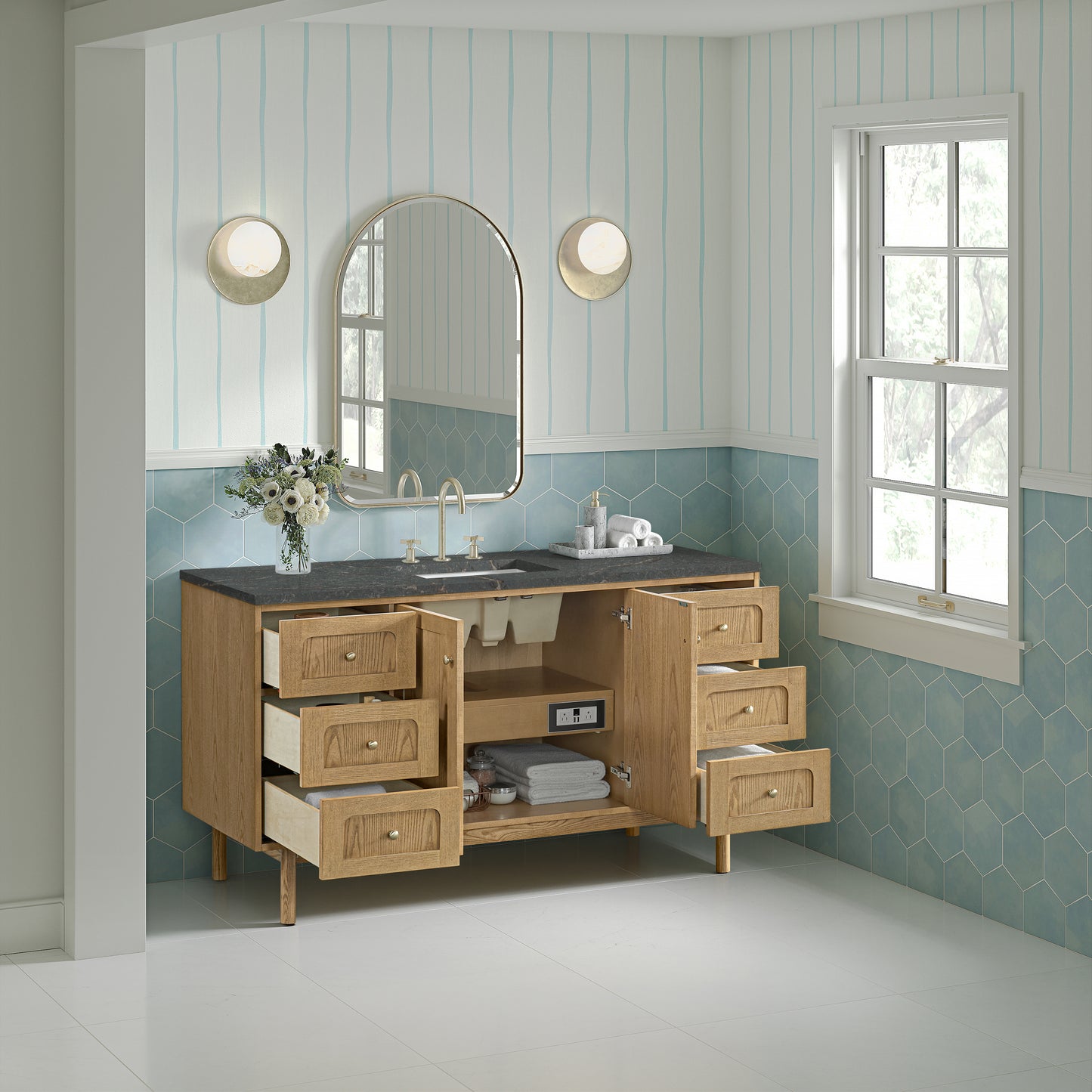 Renovate for Less Atlanta Laurent 60" Single Vanity, Light Natural Oak, w/ 3 CM Parisien Bleu Quartz Top
