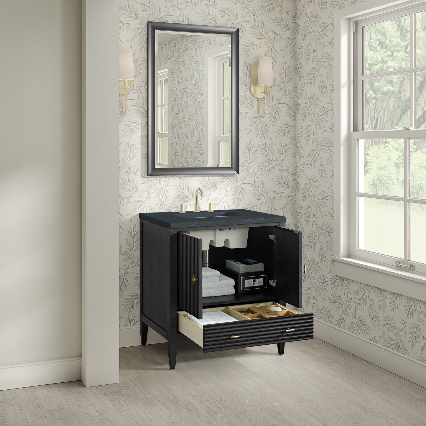 Renovate for Less Atlanta Myrrin 30" Single Vanity, Carbon Oak w/ 3 CM Charcoal Soapstone Silestone Top