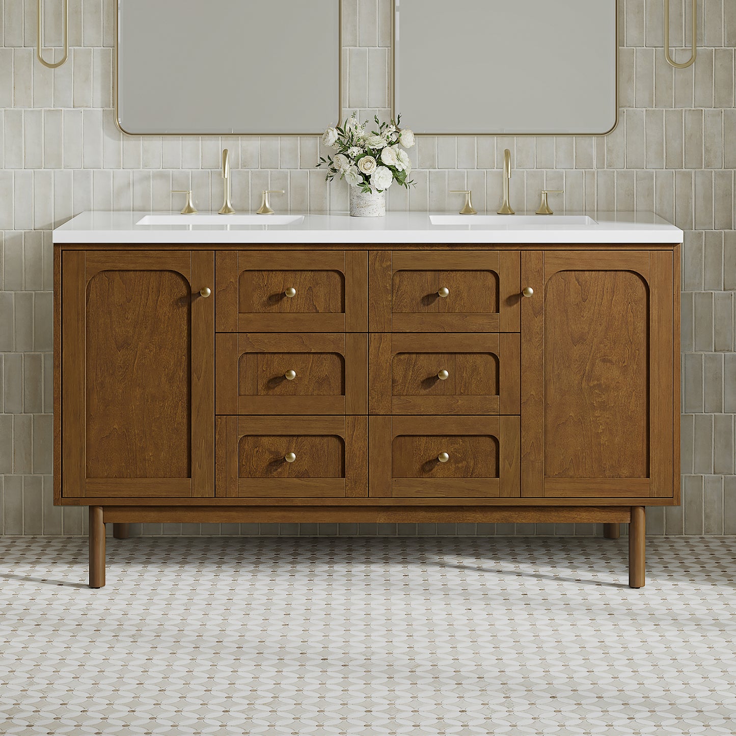 Renovate for Less Atlanta Laurent 60" Double Vanity, Honey Oak w/ 3 CM White Zeus Silestone Top