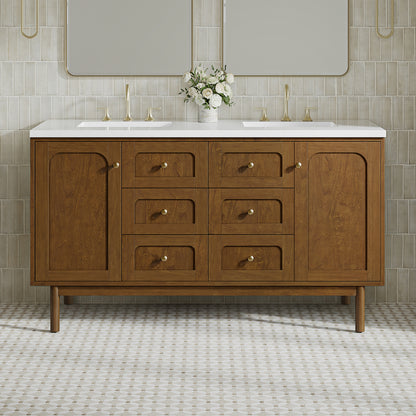 Renovate for Less Atlanta Laurent 60" Double Vanity, Honey Oak w/ 3 CM White Zeus Silestone Top