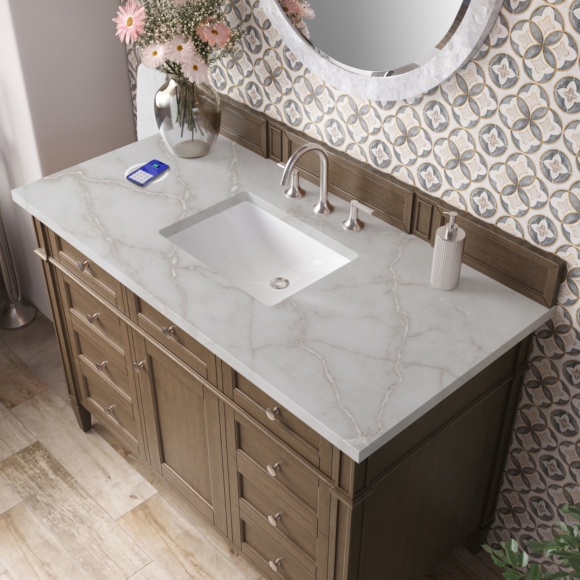 Renovate for Less Atlanta Brittany 48" Single Vanity, Saddle Brown w/ 3 CM Victorian Silver Silestone Top w/FreePower Wireless Charger
