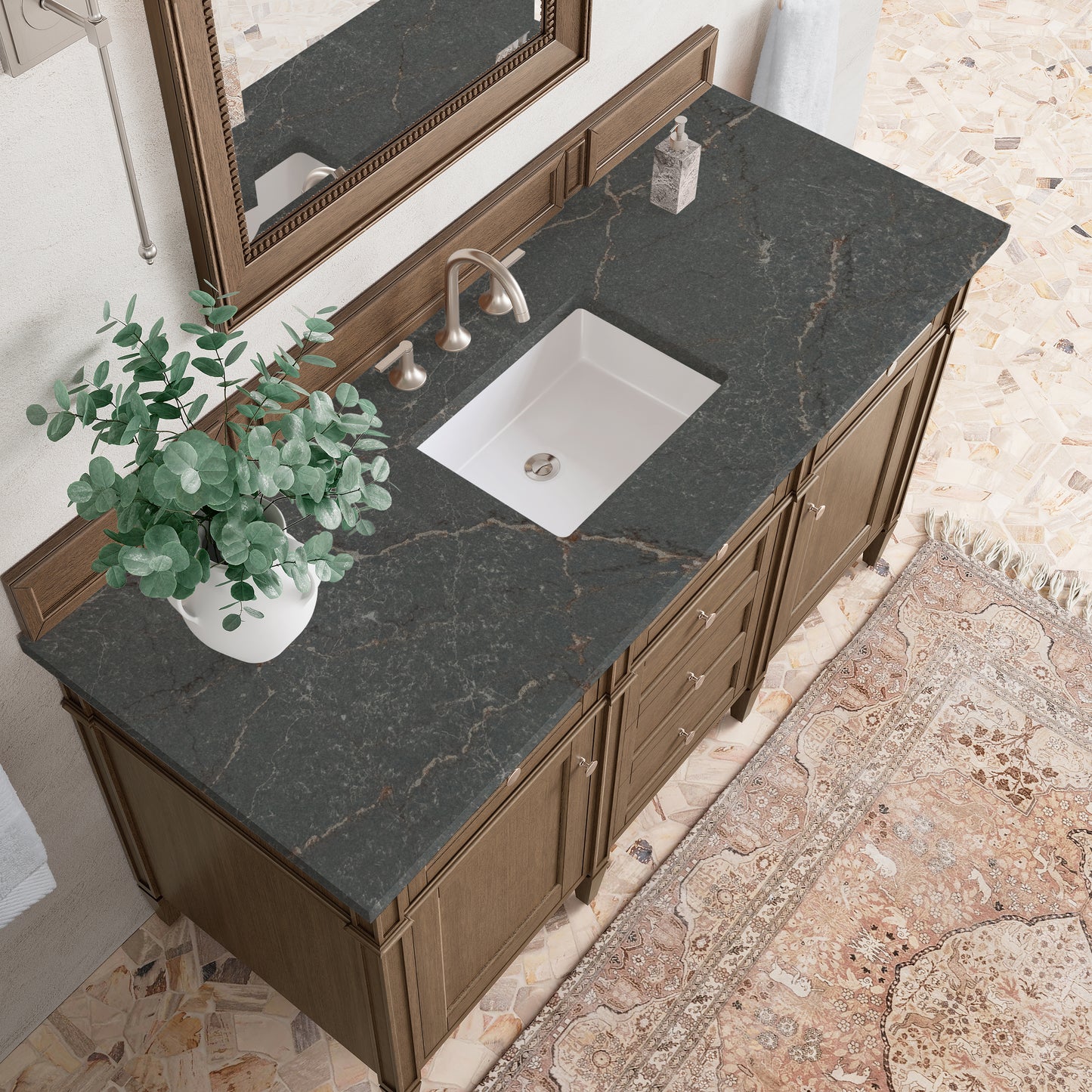 Renovate for Less Atlanta Brittany 60" Single Vanity, Saddle Brown w/ 3 CM Parisien Bleu Silestone Top