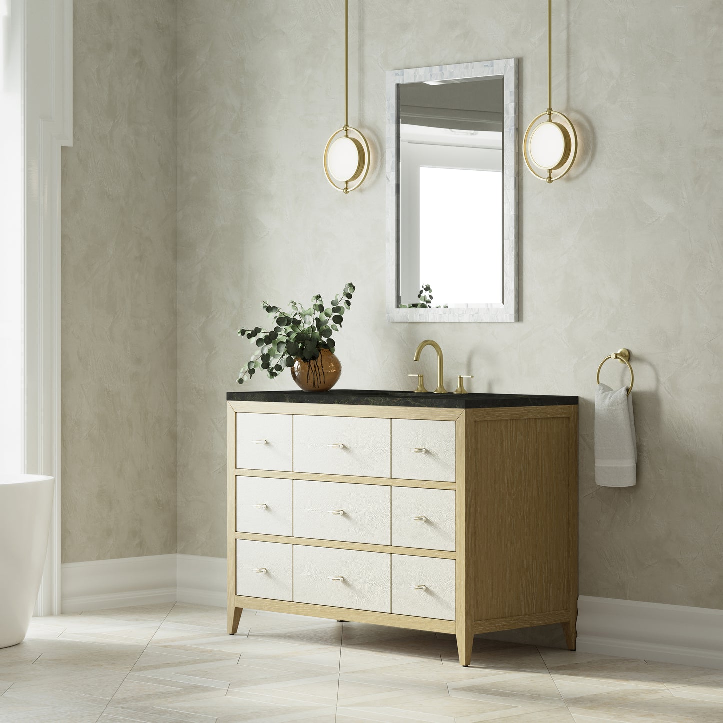 Renovate for Less Atlanta Celeste 48" Single Vanity, Sunwashed Oak with Embossed Shagreen, w/ 3 CM Phantome Eclos Top