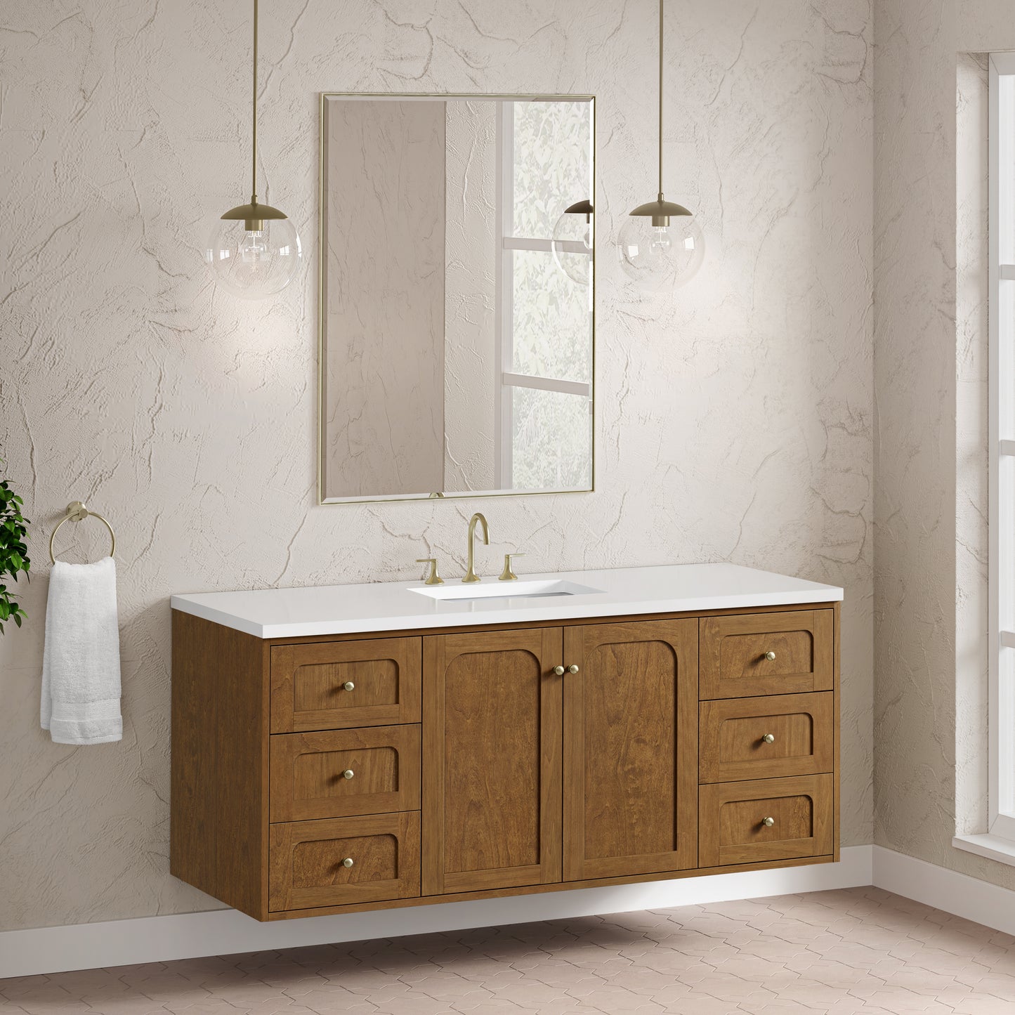 Renovate for Less Atlanta Laurent 60" Single Vanity, Honey Oak w/ 3 CM White Zeus Silestone Top