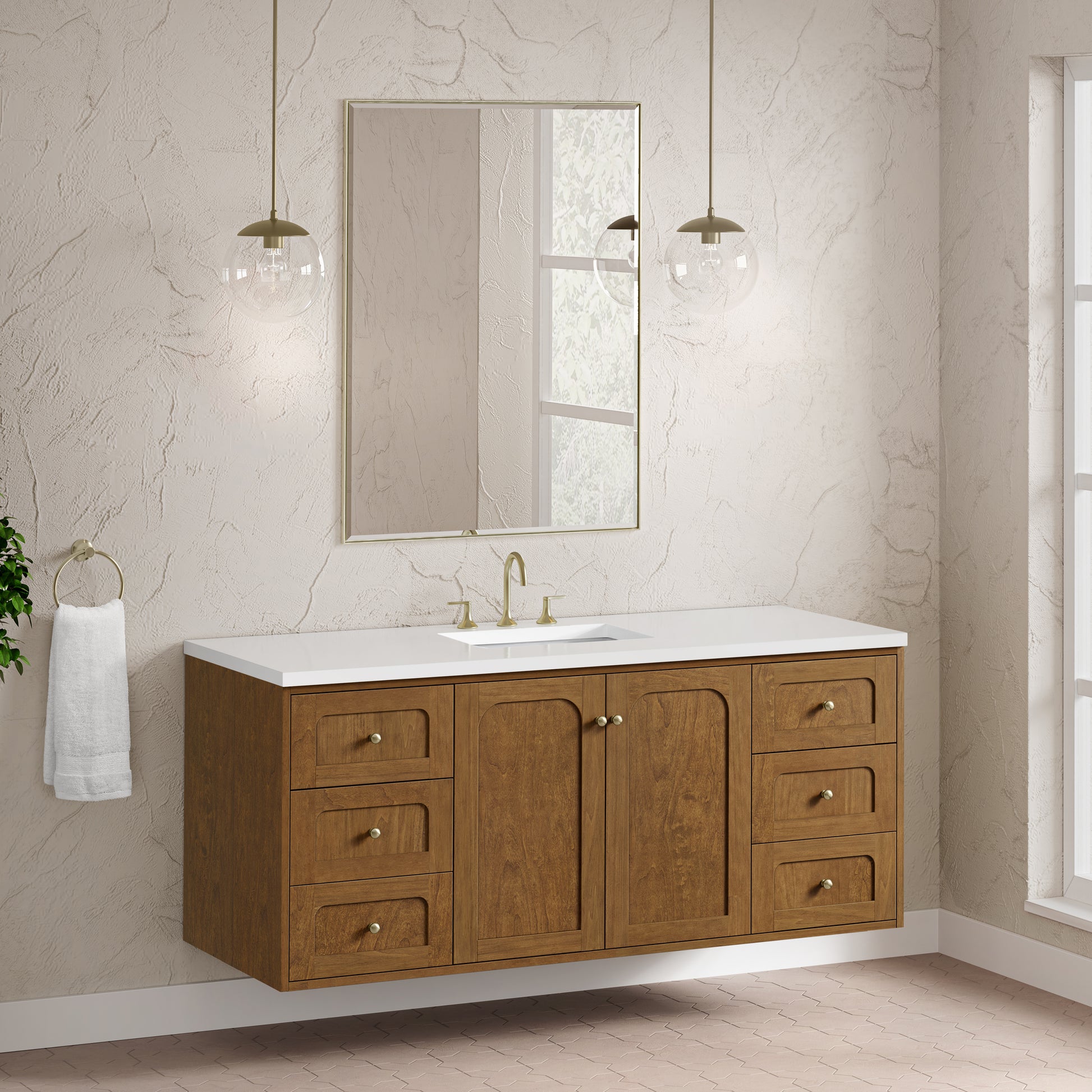 Renovate for Less Atlanta Laurent 60" Single Vanity, Honey Oak w/ 3 CM White Zeus Silestone Top