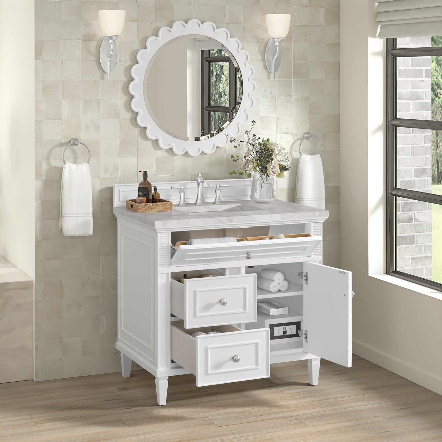 Renovate for Less Atlanta Lorelai 36" Single Vanity, Bright White w/ 3 CM Victorian Silver Silestone Top