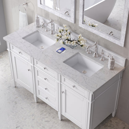Renovate for Less Atlanta Brittany 60" Double Vanity, Bright White Vanity w/ 3 CM Eternal Jasmine Pearl Silestone Top w/FreePower Wireless Charger