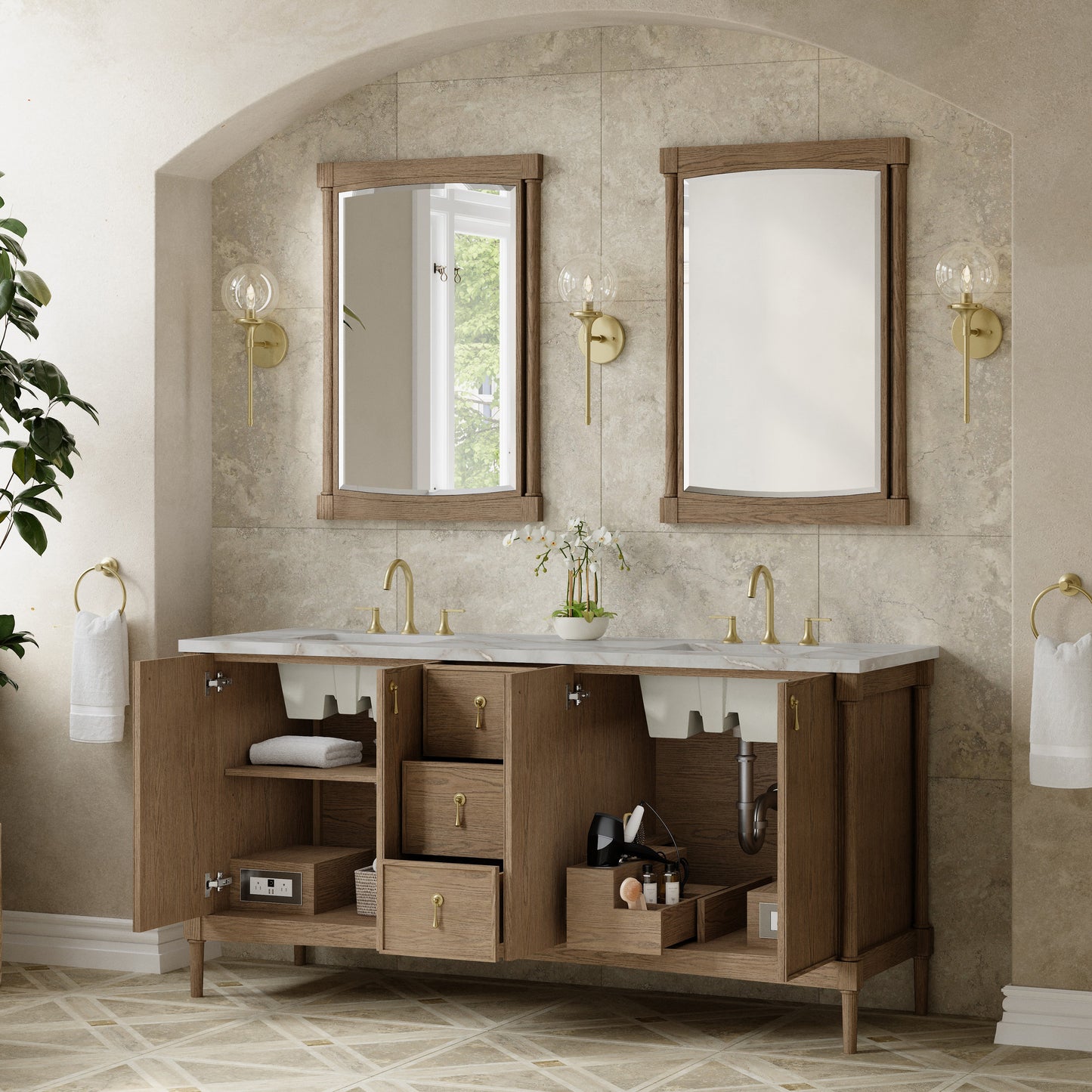 Renovate for Less Atlanta Kinnsden 72" Double Vanity, Weathered Oak w/ 3 CM Victorian Silver Silestone Top