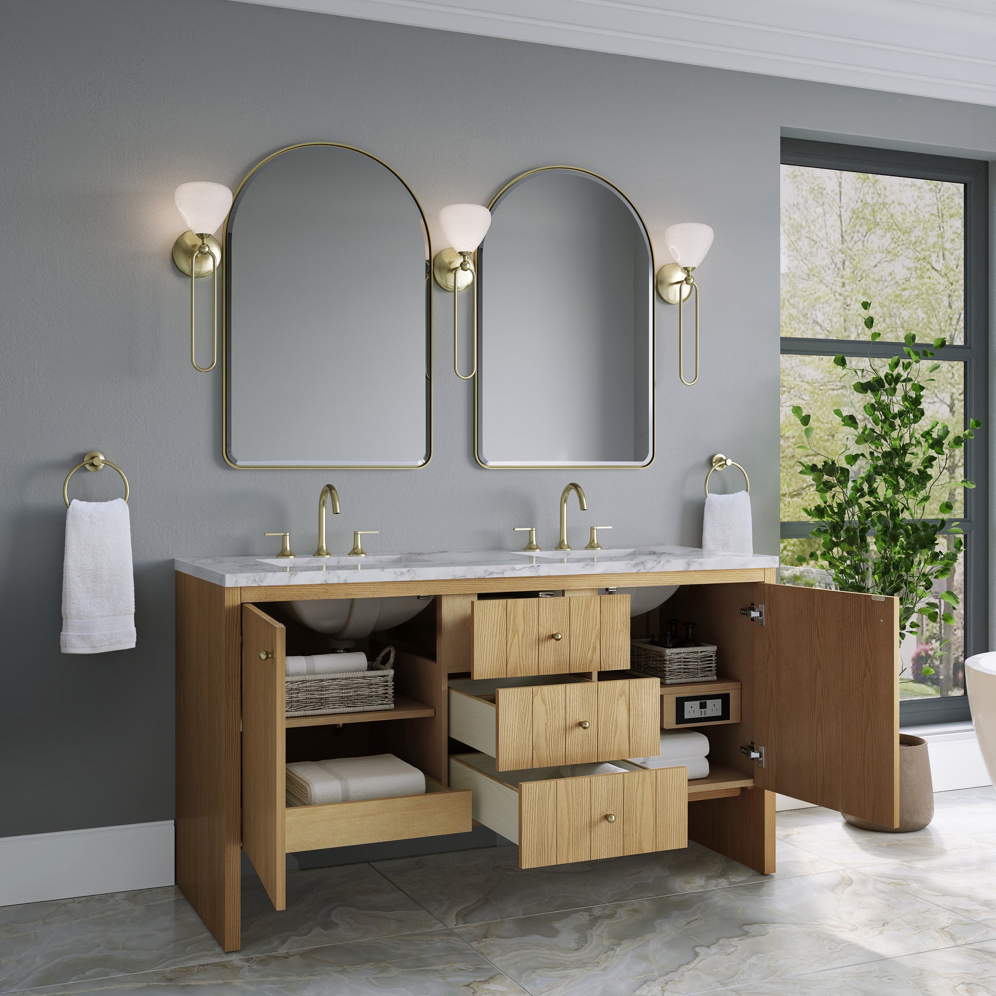 Renovate for Less Atlanta Hudson 60" Double Vanity, Light Natural Oak w/ 3 CM Carrara Marble Top