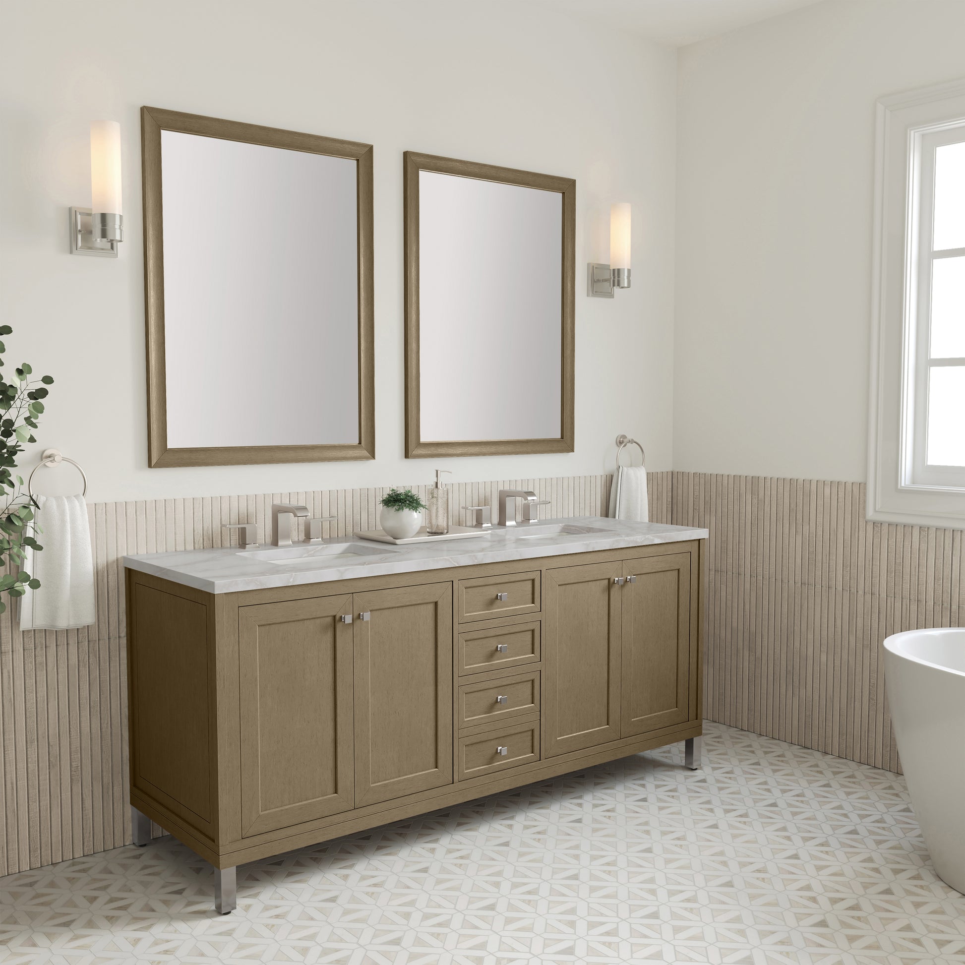 Renovate for Less Atlanta Chicago 72" Double Vanity, Walnut Whisper, w/ 3 CM Victorian Silver Silestone Top w/ FreePower Wireless Charger
