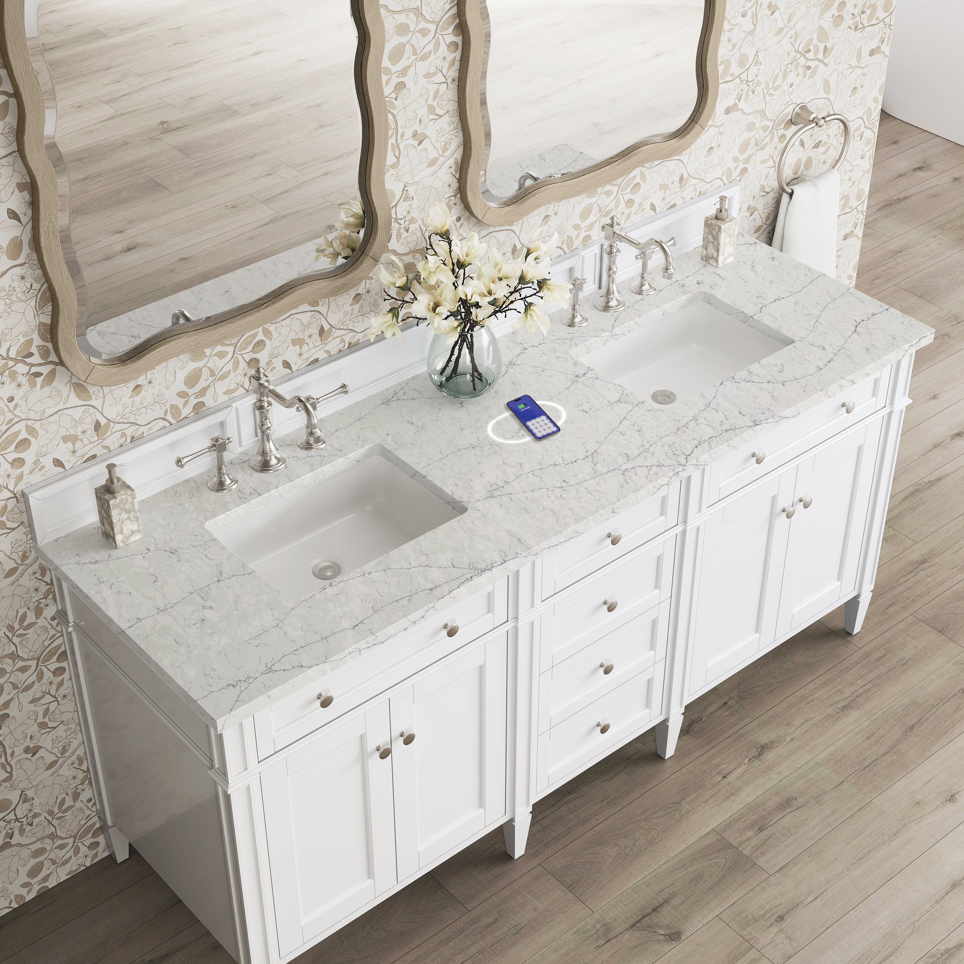 Renovate for Less Atlanta Brittany 72" Double Vanity, Bright White Vanity w/ 3 CM Eternal Jasmine Pearl Silestone Top w/FreePower Wireless Charger