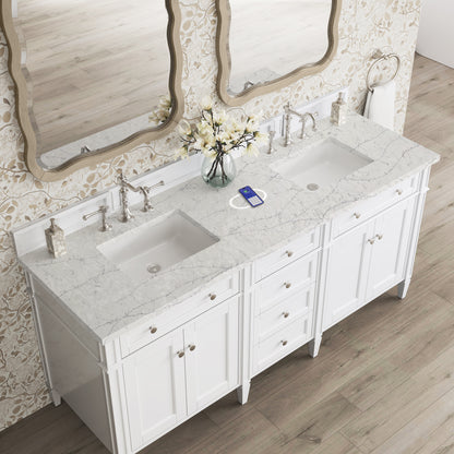 Renovate for Less Atlanta Brittany 72" Double Vanity, Bright White Vanity w/ 3 CM Eternal Jasmine Pearl Silestone Top w/FreePower Wireless Charger