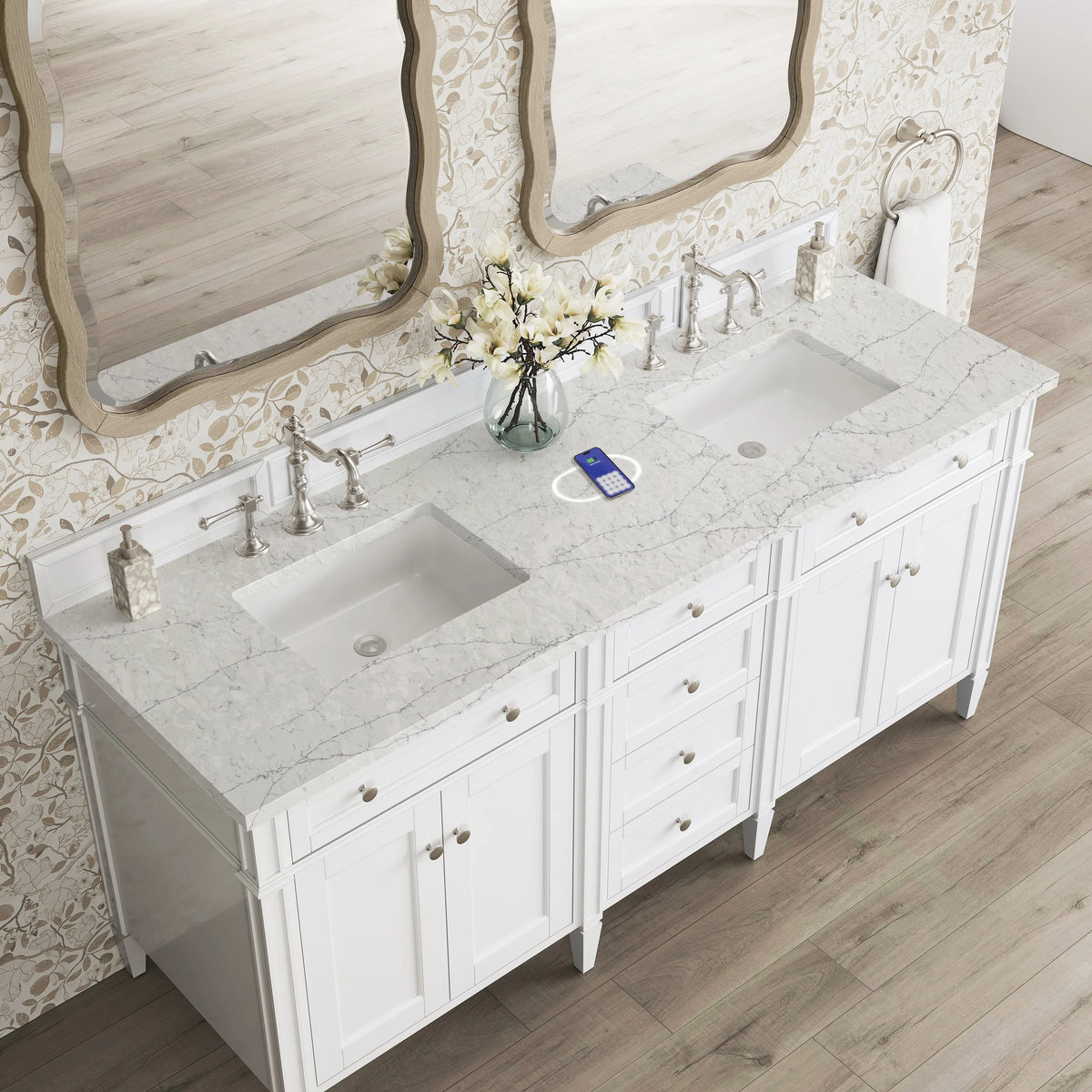 Brittany 72" Double Vanity, Bright White Vanity w/ 3 CM Eternal Jasmine Pearl Silestone Top w/FreePower Wireless Charger