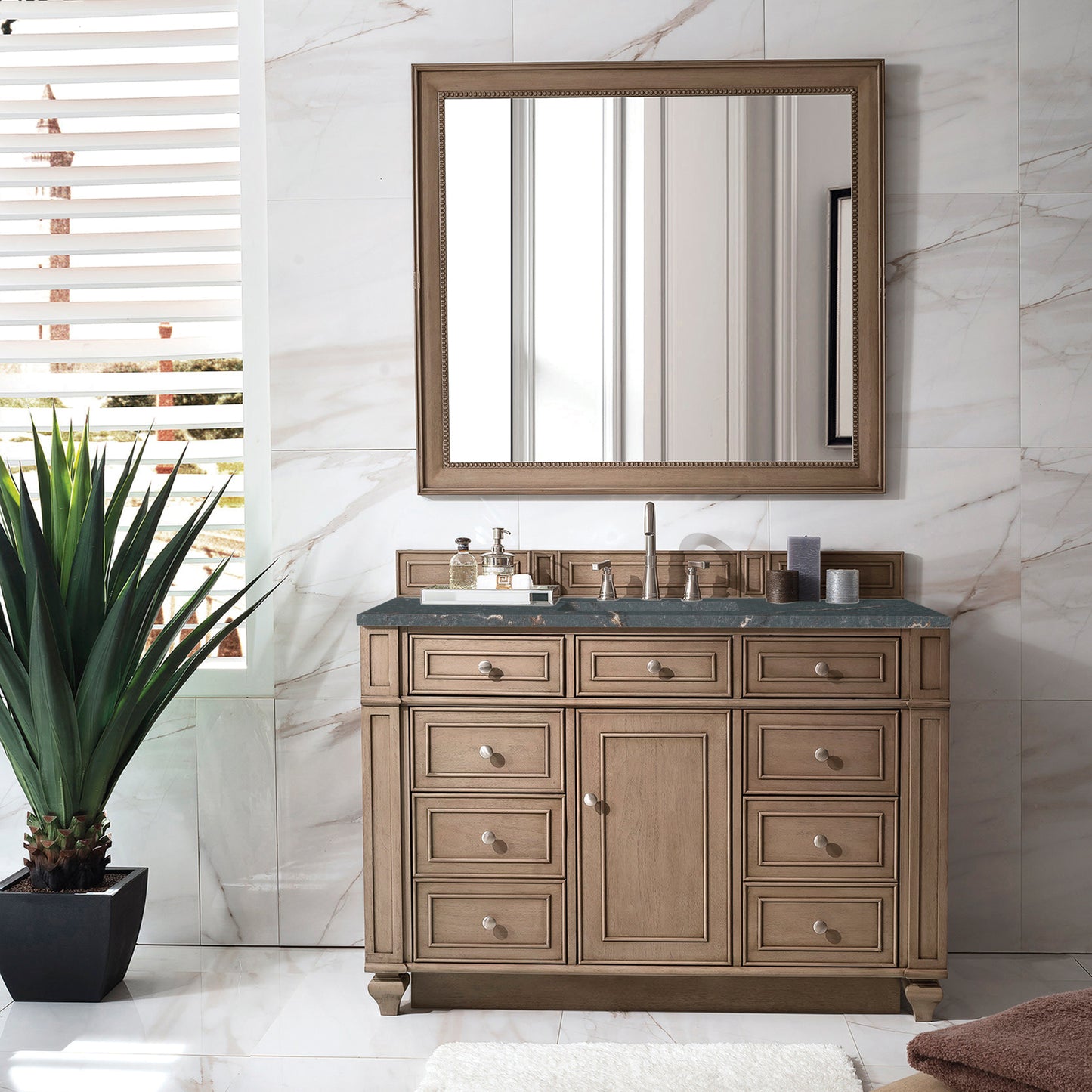Renovate for Less Atlanta Bristol 48" Single Vanity, Whitewashed Walnut w/ 3 CM Parisien Bleu Silestone Top w/ FreePower Wireless Charger
